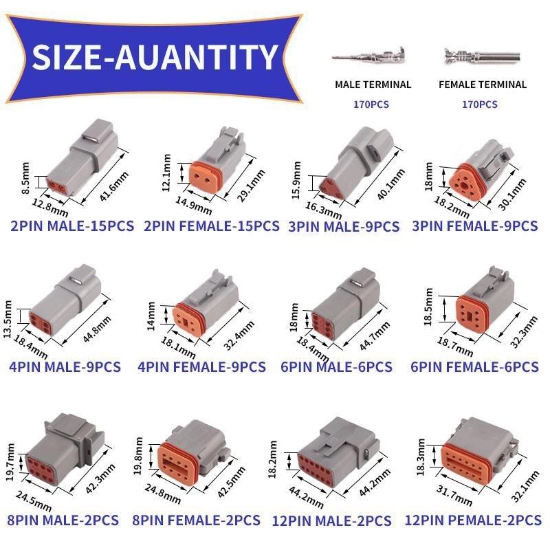 750 Pcs Deutsch DT Connector Kit DT04/06-2P/2S/3P/3S/4P/4S/6P/6S/08PA/08SA/12PA/12PS for 14 16 18 20 AWG Stamped Contacts Kit